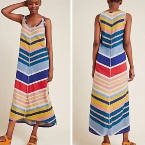 EUC Anthropologie Saturday Sunday 100% cotton Rainbow Chevron Midi Dress Size XS - Picture 10 of 11